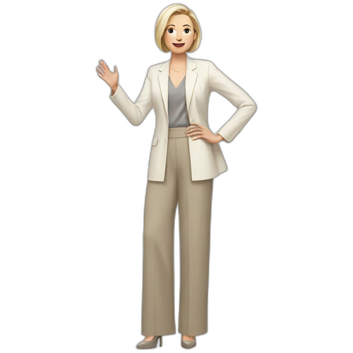 Full height Actively gesturing with hands pale skin woman with ash blonde Straightened bob Hair, White Spacious classical jacket, beige palazzo Arrow pants and gray blouse emoji