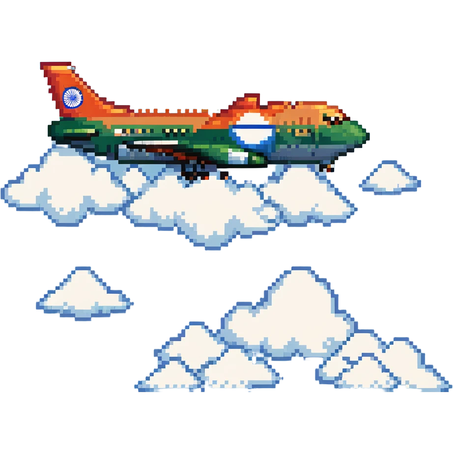 pixel art airplane with Indian flag colors flying above clouds emoji