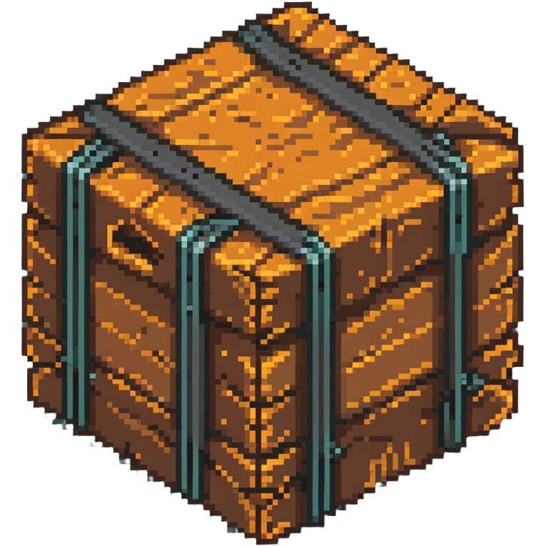 wooden crate with metal reinforcements, orange-brown wood with visible grain texture and dark gray metal bands, 32x32 pixel art game tile that looks breakable emoji