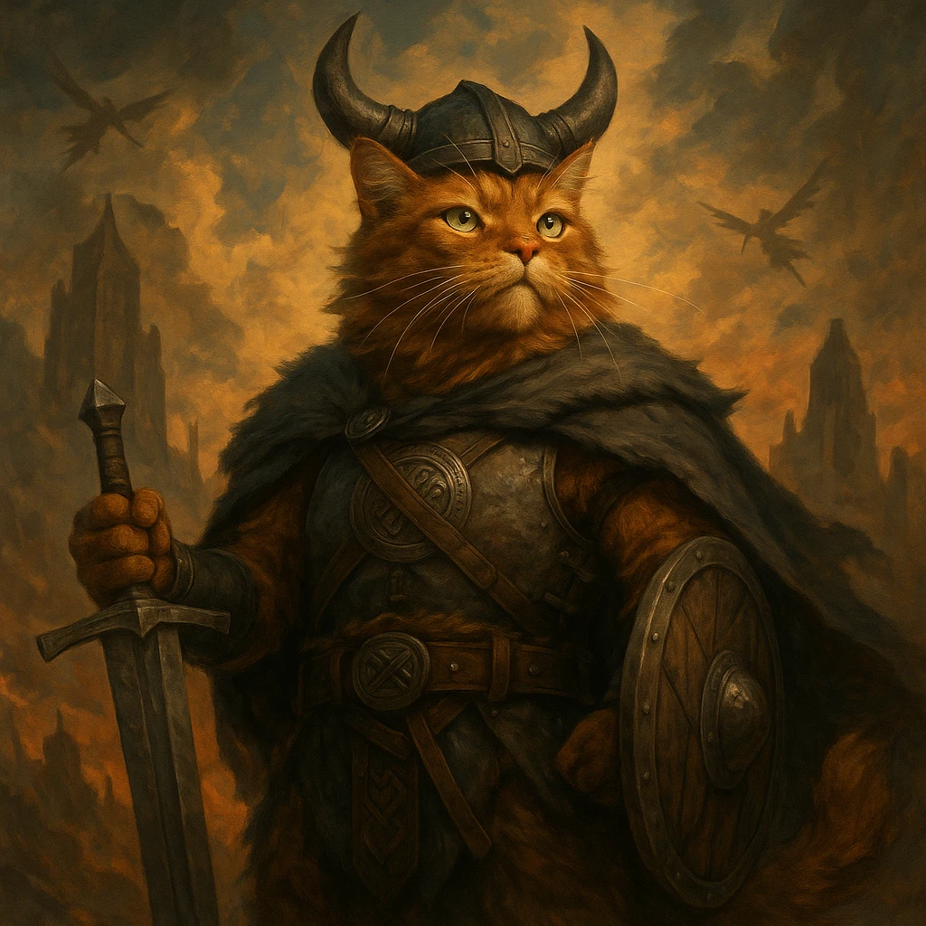 epic ginger cat Viking, Valhalla, heroic pose, Norse mythology atmosphere, fantasy style emoji