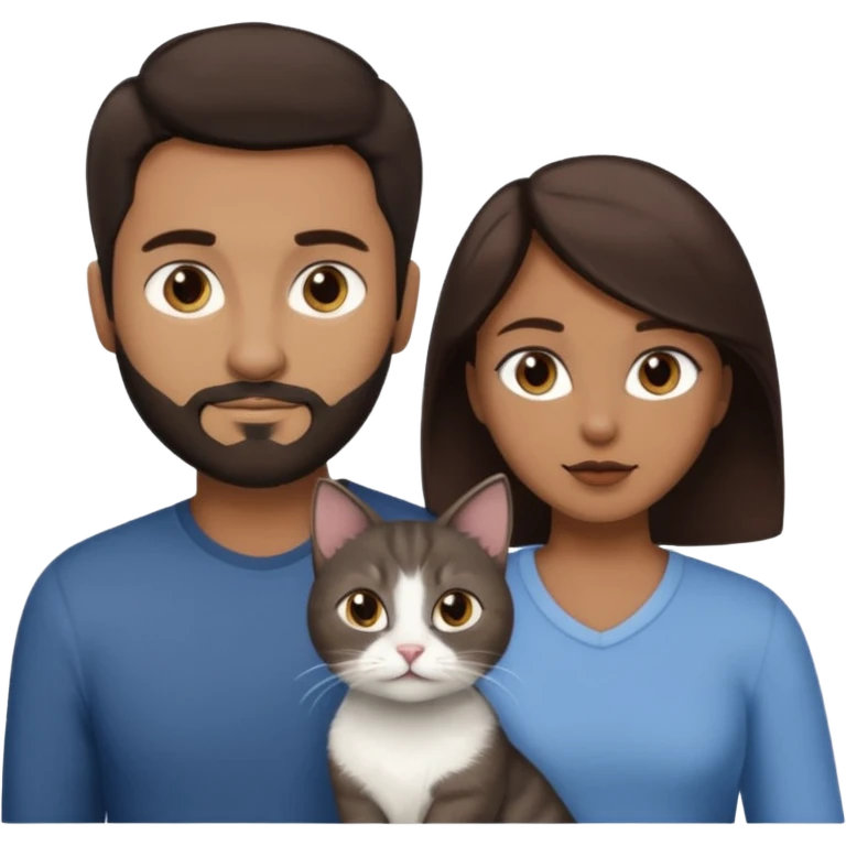 Make a couple and a cat emoji. The first person is a man with dark brown hair and a beard that’s not to long. The other person is a woman with even darker brown hair and is a little brown skinned but not much. The cat is 15weeks so little and grey and white with a little brown on her face and chest emoji
