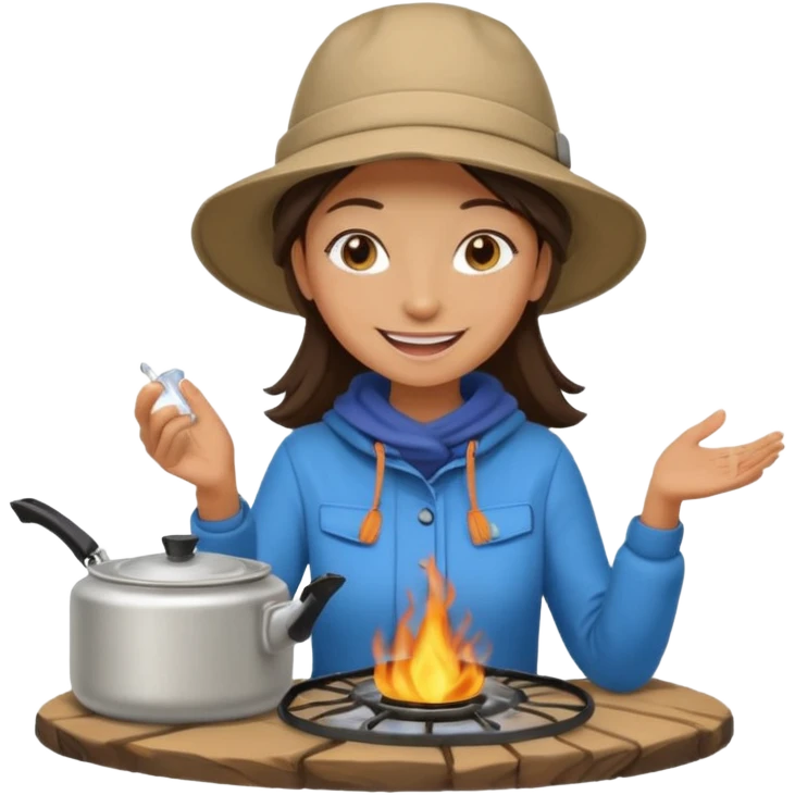 A woman camper boiling water on a portable stove, enjoying the outdoor emoji
