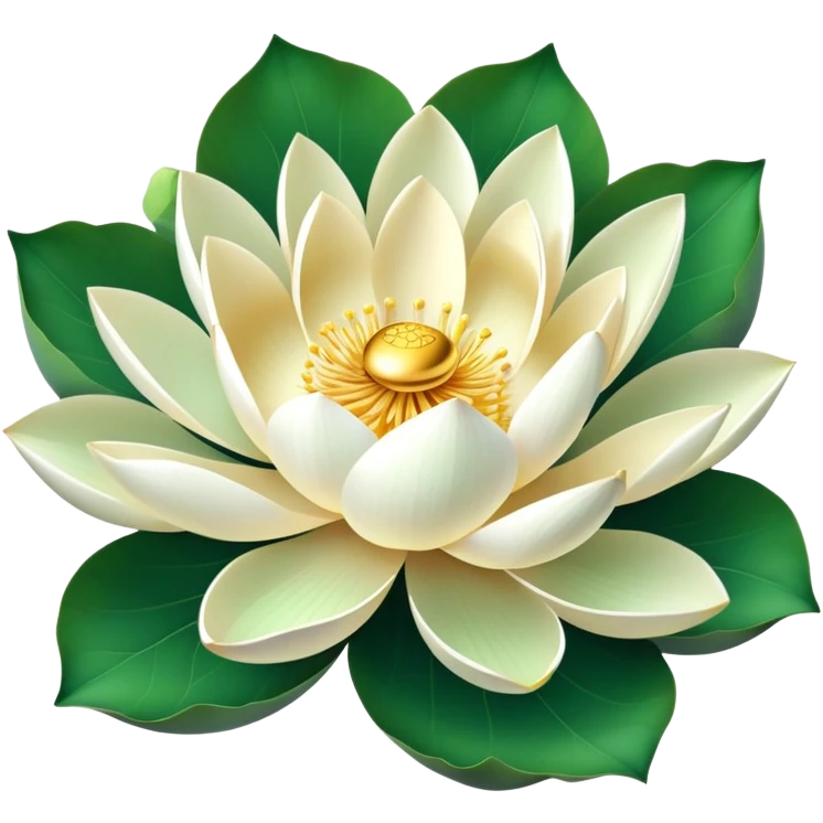 Lotus flower in full bloom with white petals and golden center, round green leaf emoji