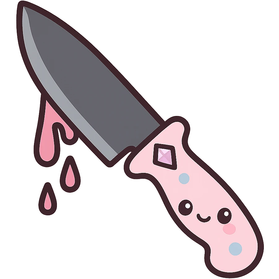gothic knife, black and pink, with gemstone accents and dripping blood effect, kawaii style emoji