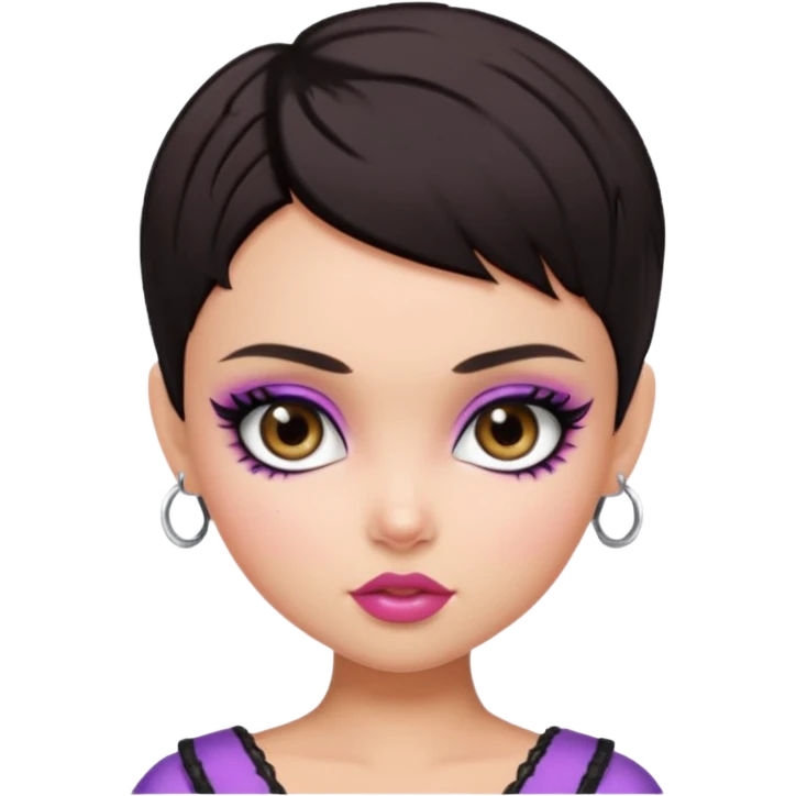 pretty bratz baddie, pretty eyes, pretty makeup, pixie cut, dark hair emoji