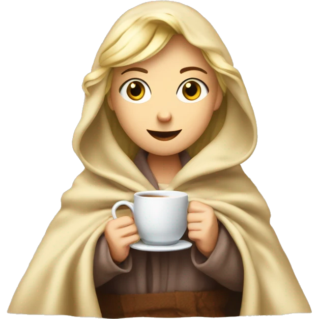 blonde girl cuddeling up in a blanket with tea emoji