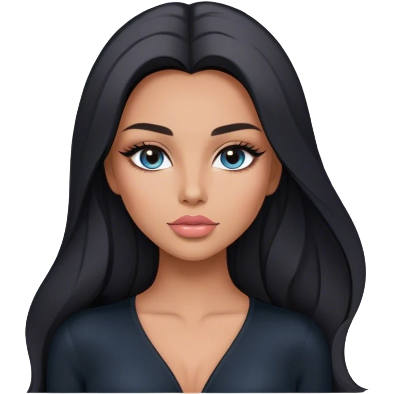 Glamours, tanned, very beautiful girl, with big pump peach-beige-rose lips, long long lashes, black straight smooth silky long hair, straight parting hair, blue-grey eyes in black long-sleeves v-neck bodysuit emoji