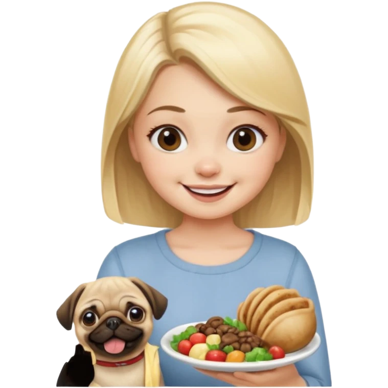 haz una chica rubia dandole comida a su perro pug emoji