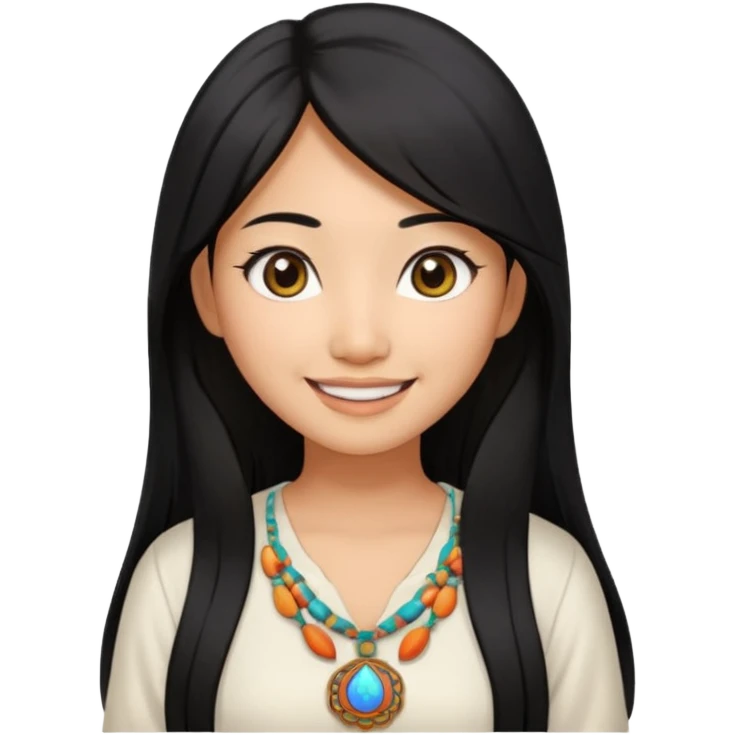 30 yr old asian woman center parted hair big eyes big smile tanned skin straight black hair hippie part hair white blouse emoji