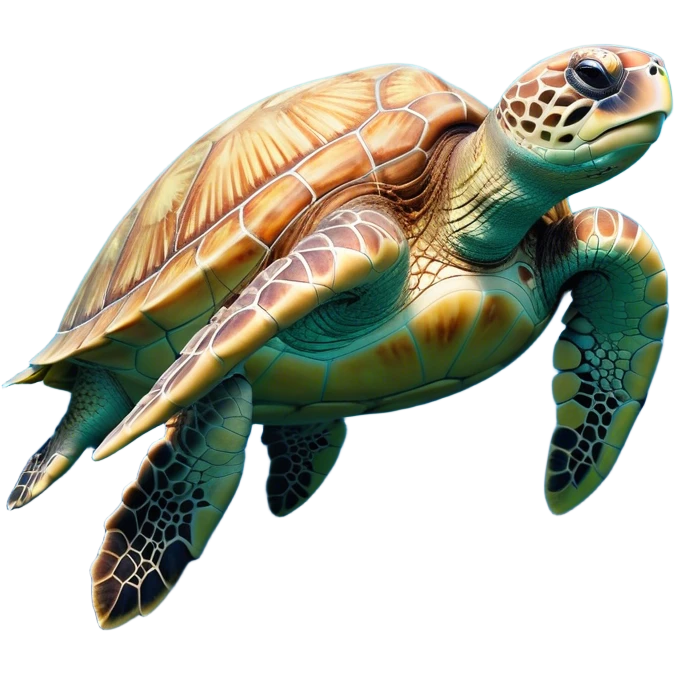 Cinematic Noble Sea Turtle Portrait Emoji, Poised and wise, with a majestic, domed shell adorned with rich, textured patterns and a smooth, ancient body gliding gracefully through the water, deep, reflective eyes exuding calm wisdom, Simplified yet sharp and sophisticated features, highly detailed, glowing with a soft, oceanic glow, high shine, intelligent and graceful, stylized with an air of timeless marine majesty, focused and serene, soft glowing outline, capturing the essence of a watchful and confident sea guardian that appears ready to glide out of the screen with effortless authority! emoji