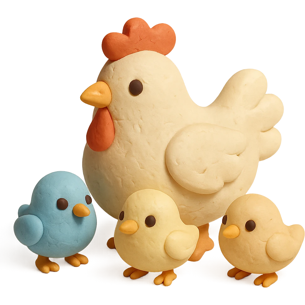 hen with baby chicks, soft pastel colors, visible fingerprints, matte plasticine look emoji