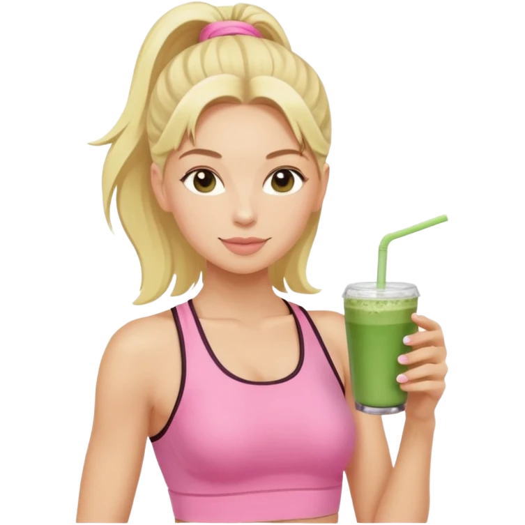 blonde pilates instructor in pink drinking matcha emoji