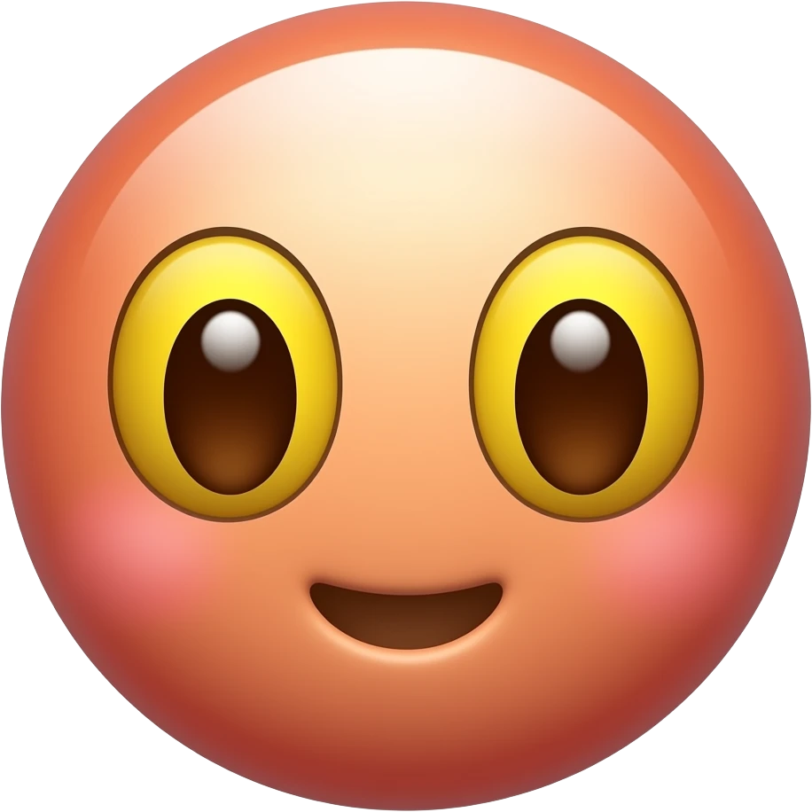 새빨간 얼굴의 홍조를 하고 있는. 노란 눈알  갈색 동공.   귀여운 만화 입체적 이모티콘 emoji