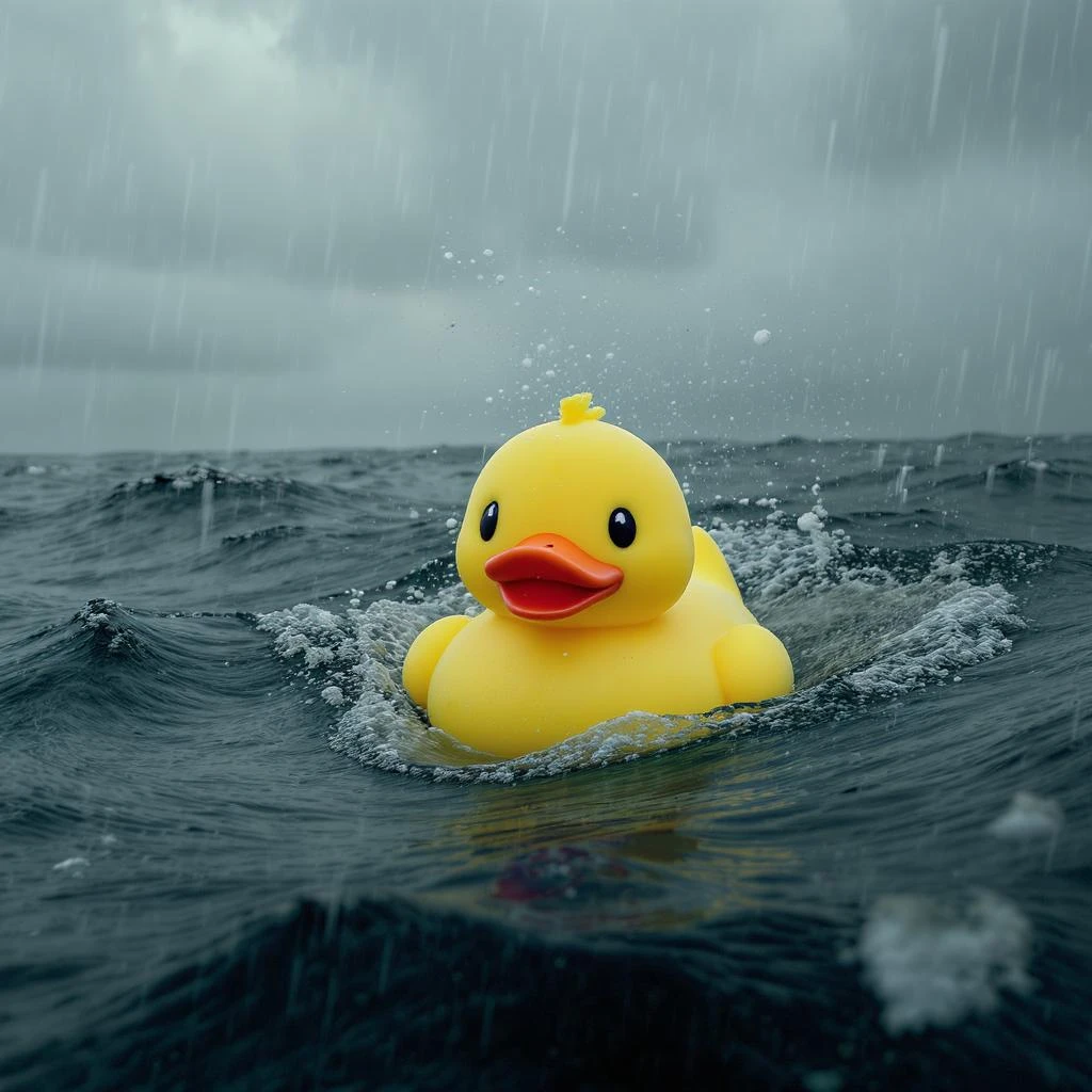 Cinematic still, Extreme Closeup shot of Yellow duck toy on ocean during cloudy day, stormy sea, Camera from top, inspired by interstellar emoji