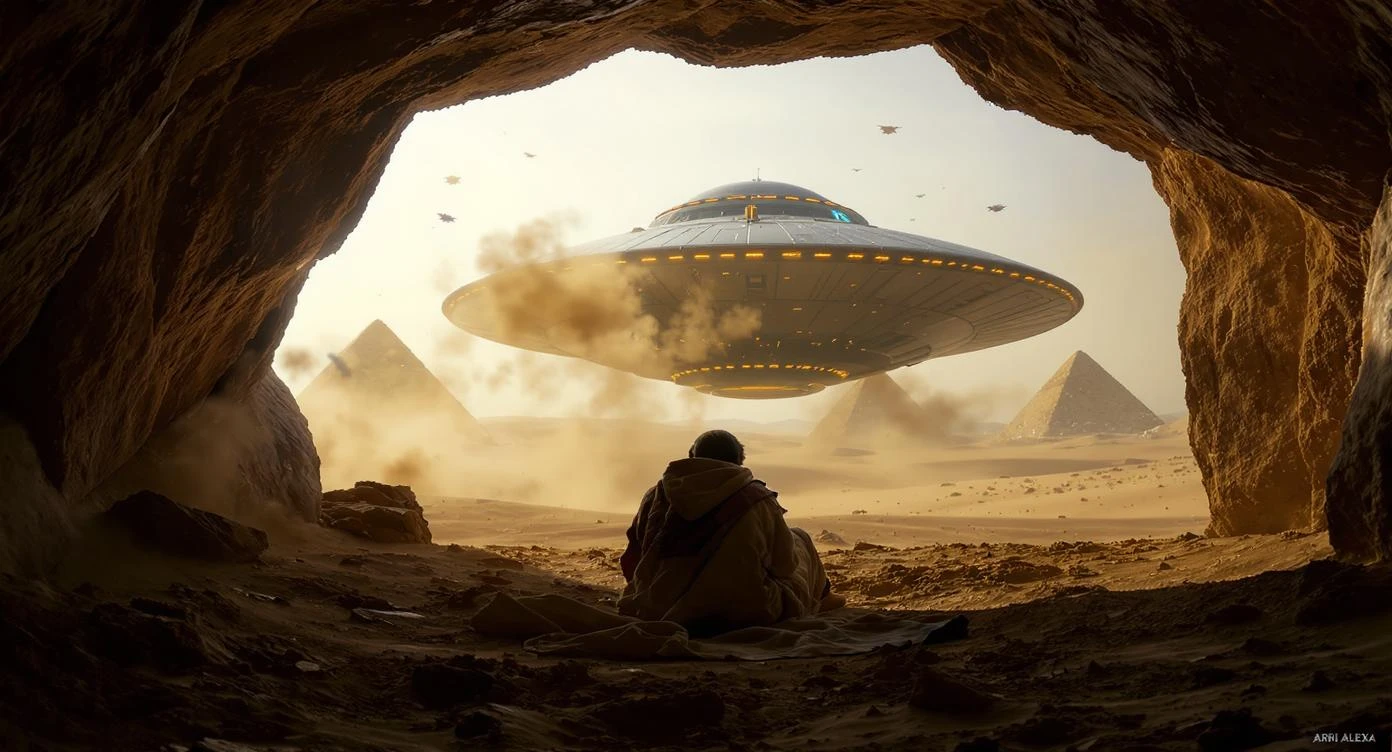 cinematic still, documentary photography, acient egypt, back shot of a man dress in ancient clothes in cave (frame in frame effect) on ground laying front of ufo starship, sand flying around, dynamic scane, leading lines, captured by arri alexa, depth layers, piramids in babckground emoji