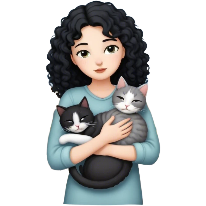 a white girl with curly black hair with a gray cat with a sleeping blacon  emoji