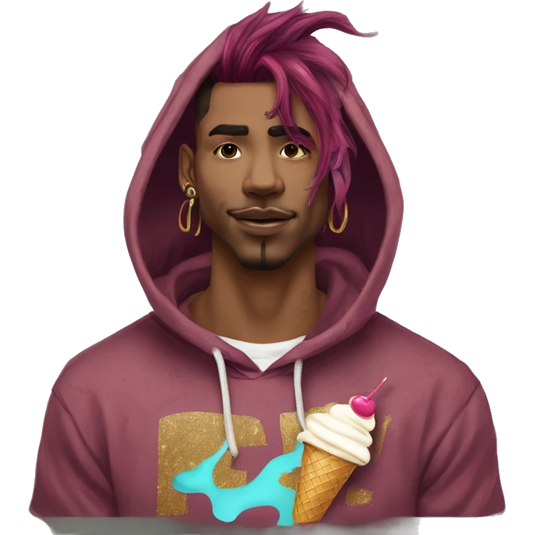 Vintage grunge patina intricate swirls golden sparkle tropical Deep pink maroon burgundy cyan dark hoodie man dyed hair and gold piercings nose piercing ear piercings ice cream  emoji
