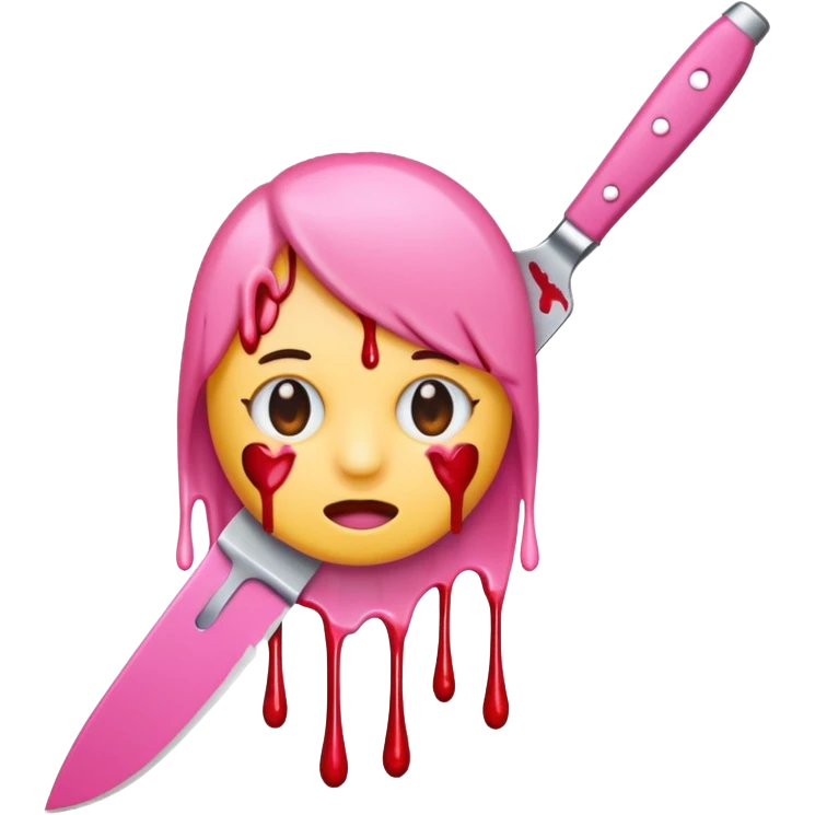 A emoji with a pink knife through its head and pink blood emoji
