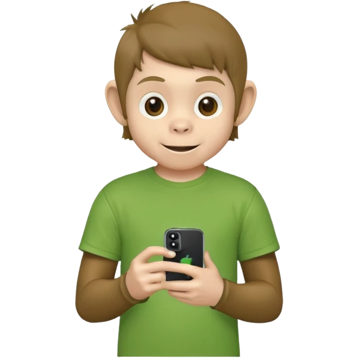 Un singe qui est habillé comme un garçon et qui a un iPhone 12 mini et qui a un t-shirt vert  emoji
