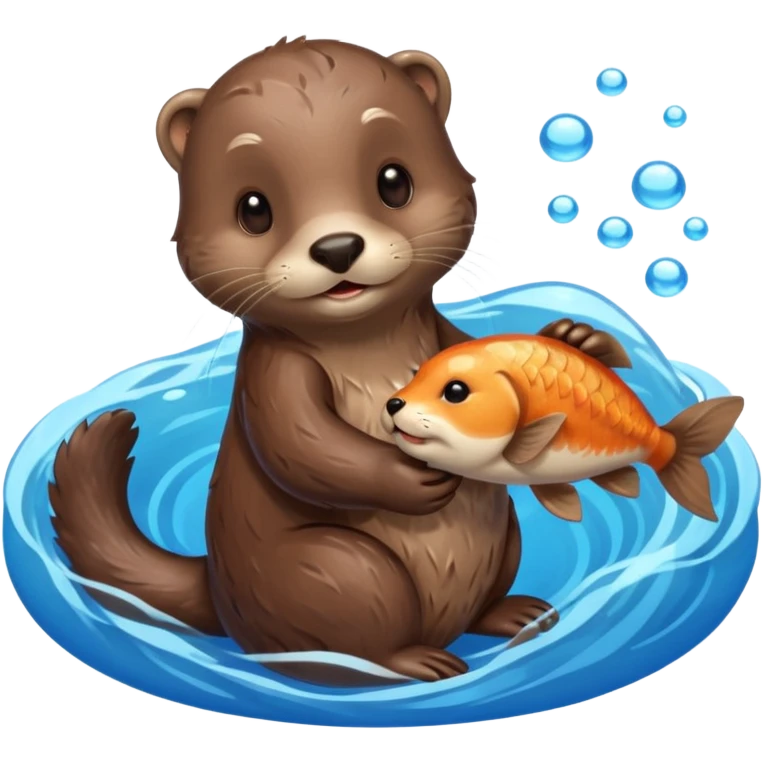 adorable otter floating on clearly visible blue water with waves, holding a fish emoji