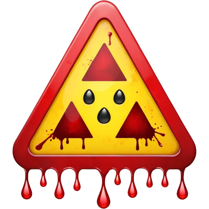 A triangular danger  and a bright yellow background. In the center, a dark red blood splatter spreads outward, with a few drops dripping down the sign. The design gives a wild, intense, and dangerous vibe, as if warning of something violent or hazardous. emoji