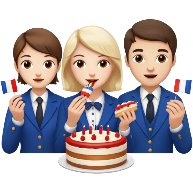a french style elegant girl being recorded by 2 elegant guys with a french flag  and the girl eating a cake emoji