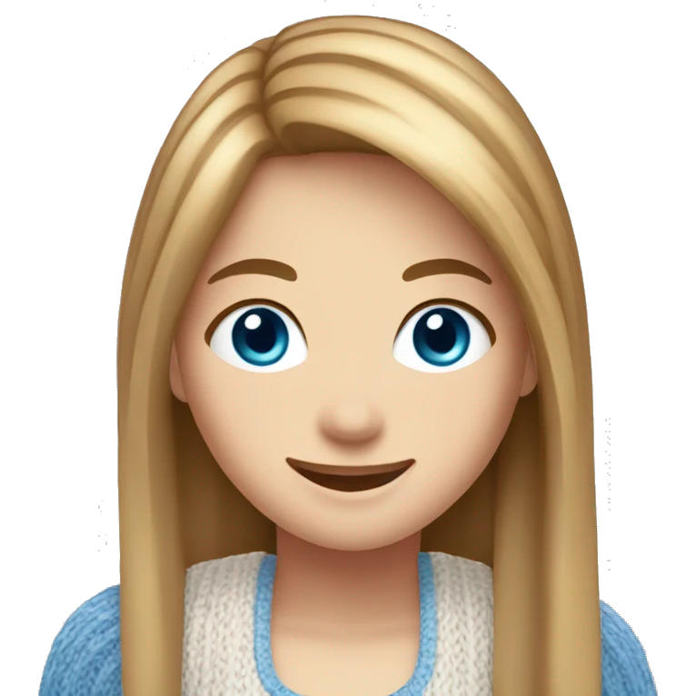  girl with long straight light-brown hair, blue eyes, wearing a white knitted top, ((cheerful, laugh)) emoji
