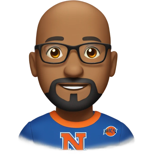 A Bald man with a beard, goatee, and glasses wearing a New York Knick tee shirt while throwing flames. emoji
