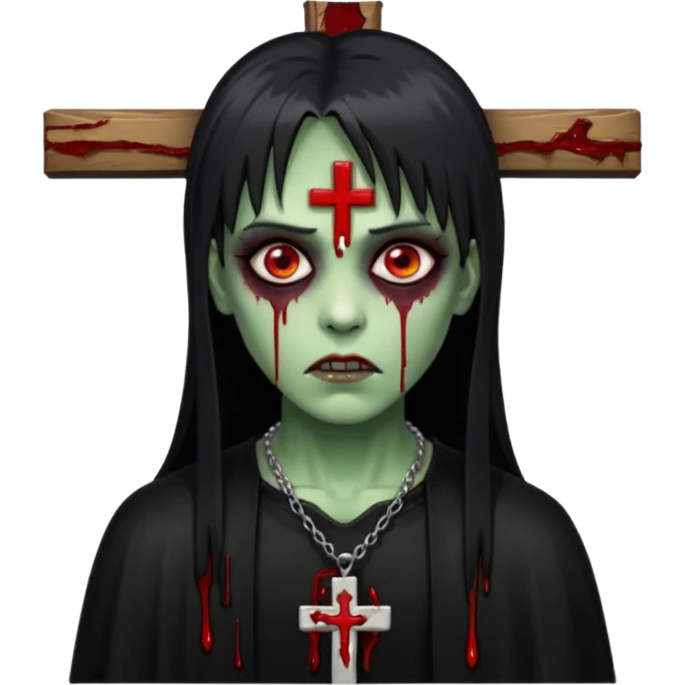 zumbi verde com olhos vermelhos sangrando e franja roupa preta e um crucifixo como colar emoji