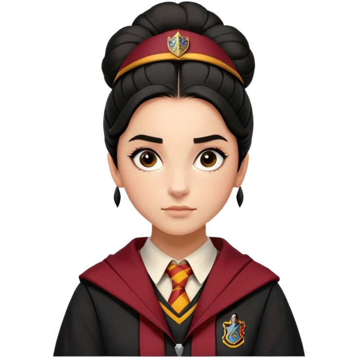 alicia spinnet in harry potter, wear hogwarts gryfindor uniform,  thick, black bun hair , reflecting her bold, stylish, and strong personality emoji