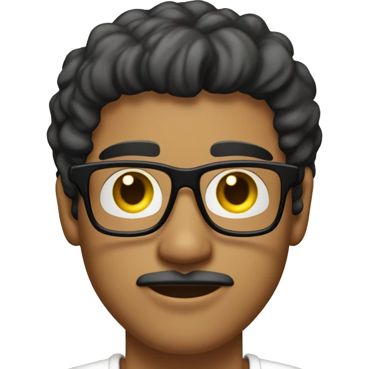 Latino man with mustache, 25 years old, weight 80 kilos.  with black frame glasses and yellow lenses. short haircut with bangs, gold earrings and white t-shirt. emoji