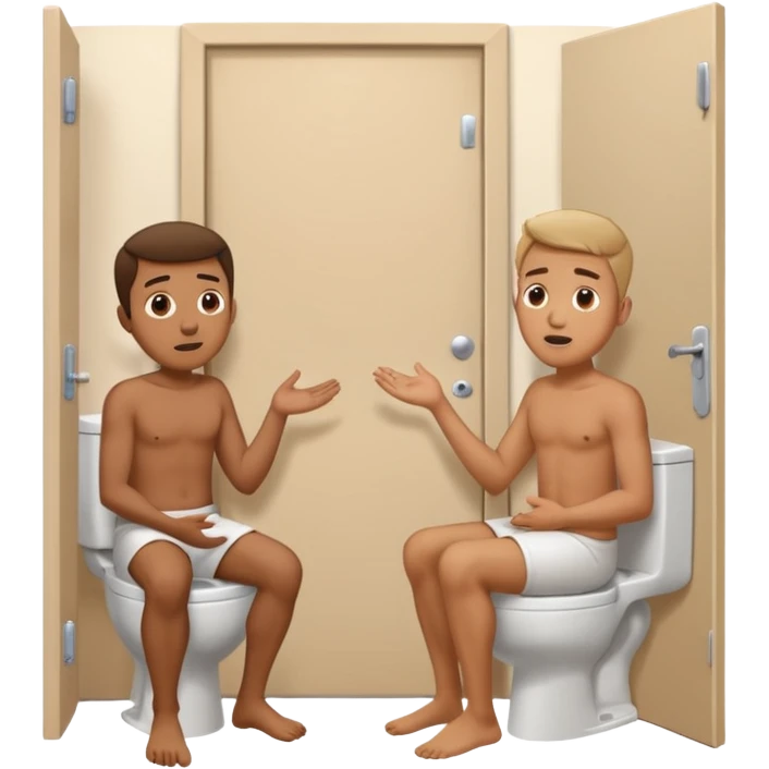 Man using the toilet while the other man is banging on the door begging holding it emoji