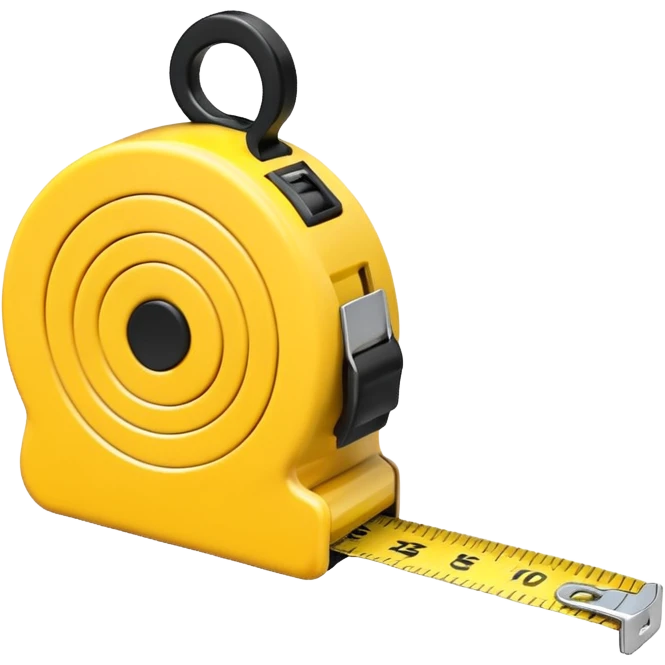 A 3D emoji-style yellow measuring tape, rolled in a spiral with black markings, realistic light and shadow, minimalistic background, vector-like clean design. emoji