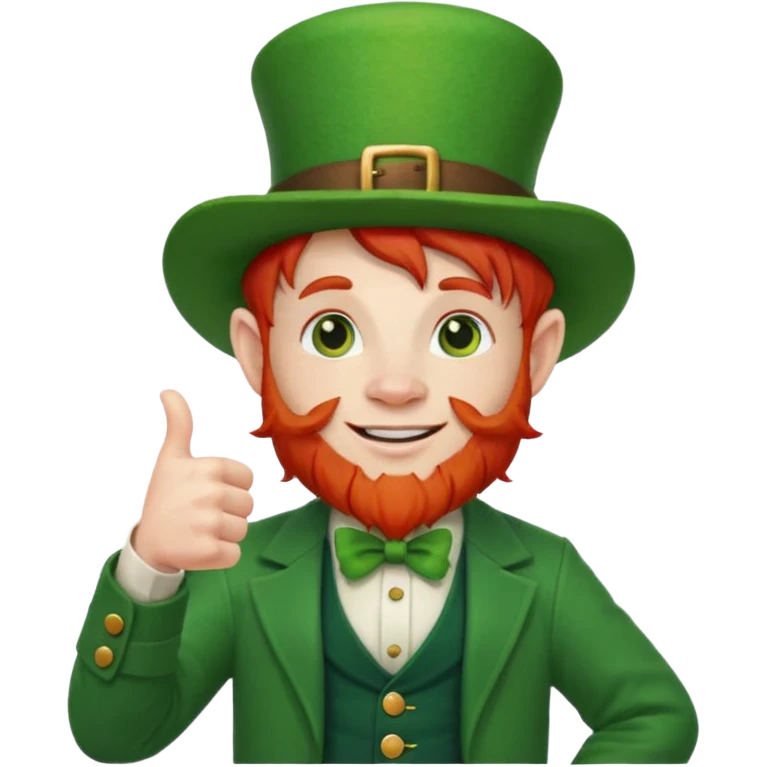 leprechaun looking up, and giving a thumbs up. on his left hand, he is holding his waist emoji