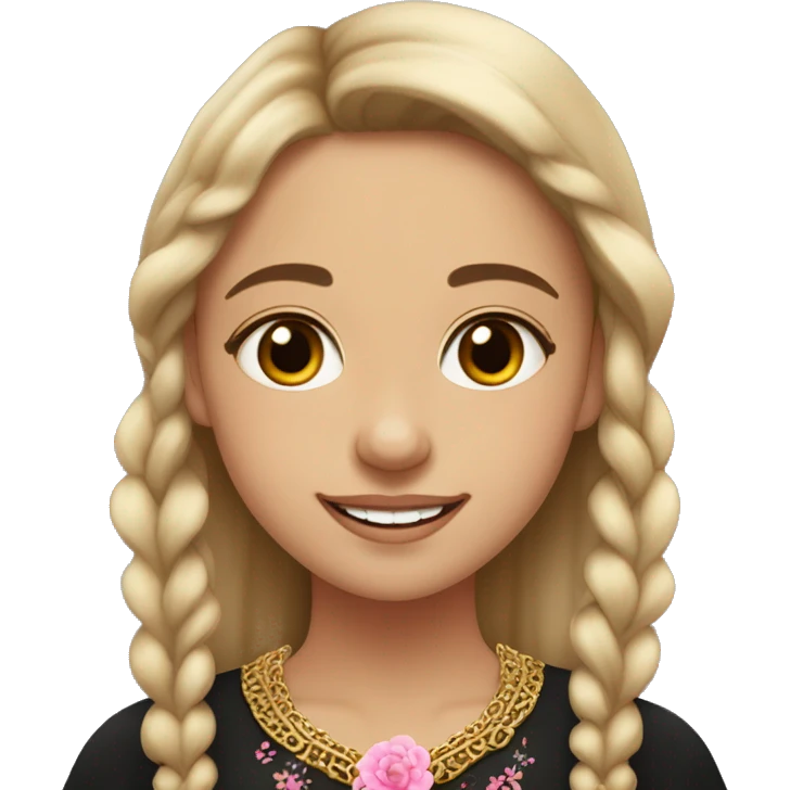 Slavic girl, light skin, brown eyes, black-to-blonde ombre straight tail, smiling with teeth, wearing beautiful dark blouse with a folk pattern of small pink flowers and gold necklace. emoji