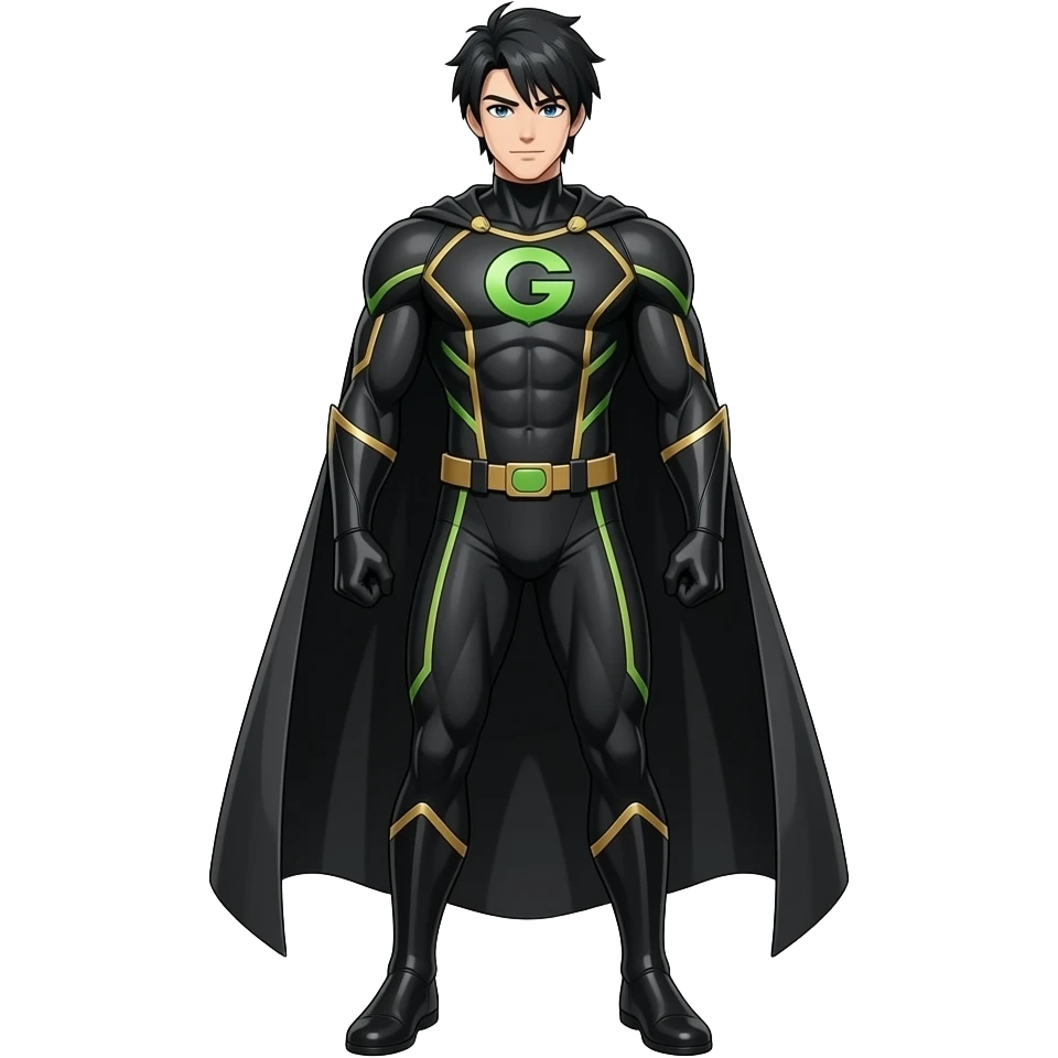 Anime superhero suite blackmen green and gold lines long black cape and letters G on the suite very tall full body emoji