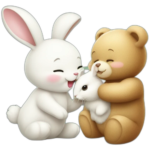 Friendly funny teddy bear kissing a white rabbit bunny emoji