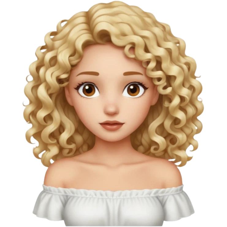 exaggerated features of woman with curly long blond hair, brown eyes, wearing an off-shoulder top,  emoji