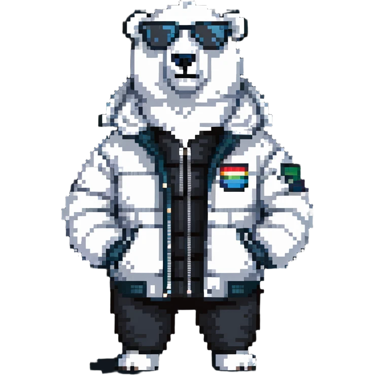 polar bear wearing a white puffer jacket and sunglasses  emoji