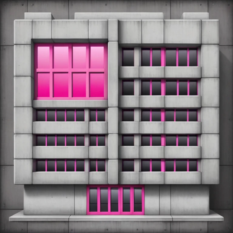 Wide brutalist concrete building with a central bright pink window surrounded by multiple regular windows emoji