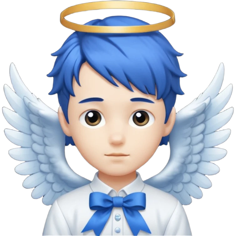 A graceful angel boy with deep blue hair tied in a ribbon, spreading gentle light.








 emoji