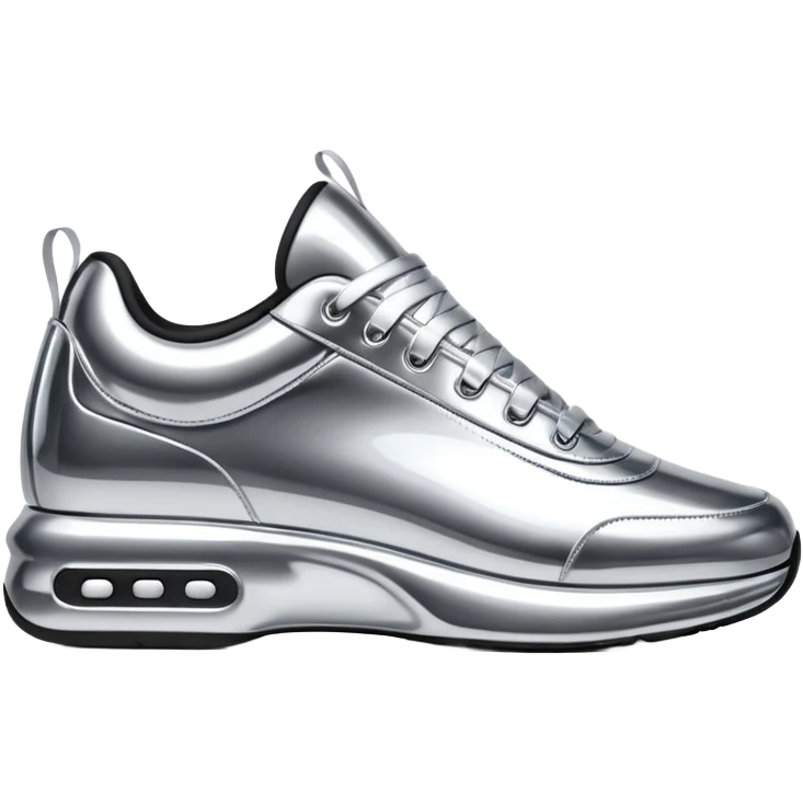 A pair of futuristic sneakers emoji made of silver chrome, sleek streetwear design, smooth metallic panels, subtle reflections, luxury swag aesthetic, iOS emoji style, centered, clean white background emoji