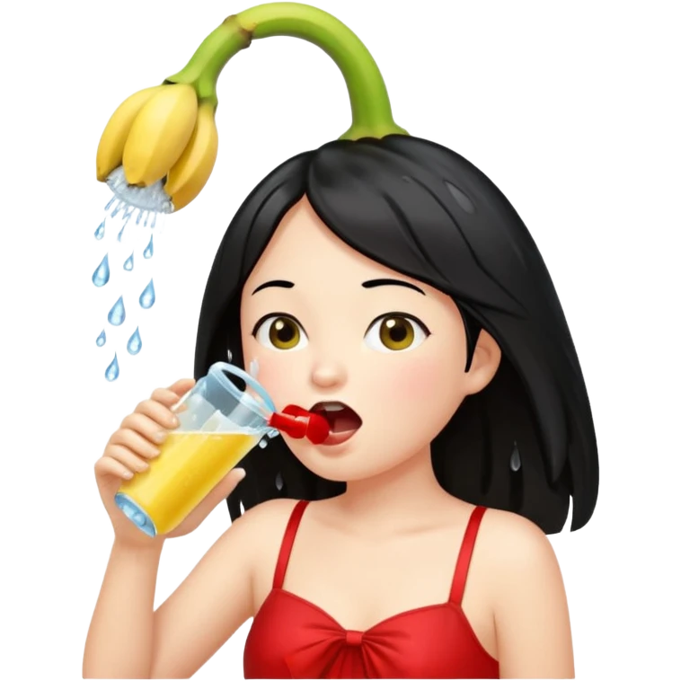 a girl with black hair and red dress with opened mouth drinking pale yellow water coming out from a shower looking like a banana above her head emoji