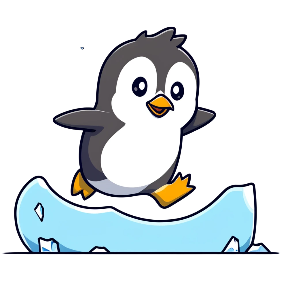Playful cartoon penguin sliding on ice emoji