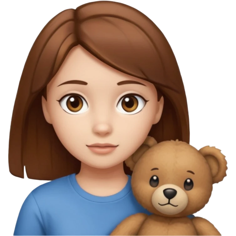 A Girl with Brown hair and Brown eyes with a t-shirt of a Teddy bear emoji