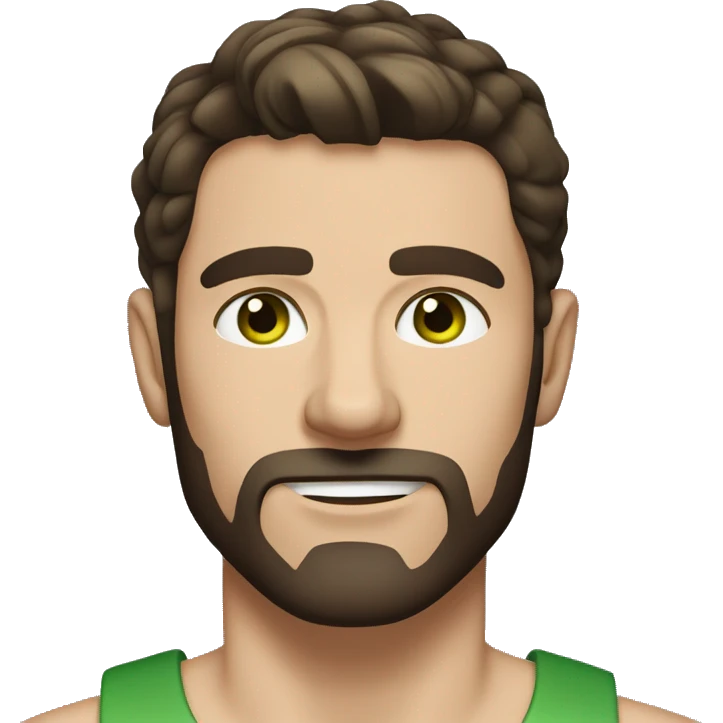 man, short dark brown straight hair, short beard, VERY LONG AND POINTY nose, white, green eyes, muscular, freckles emoji