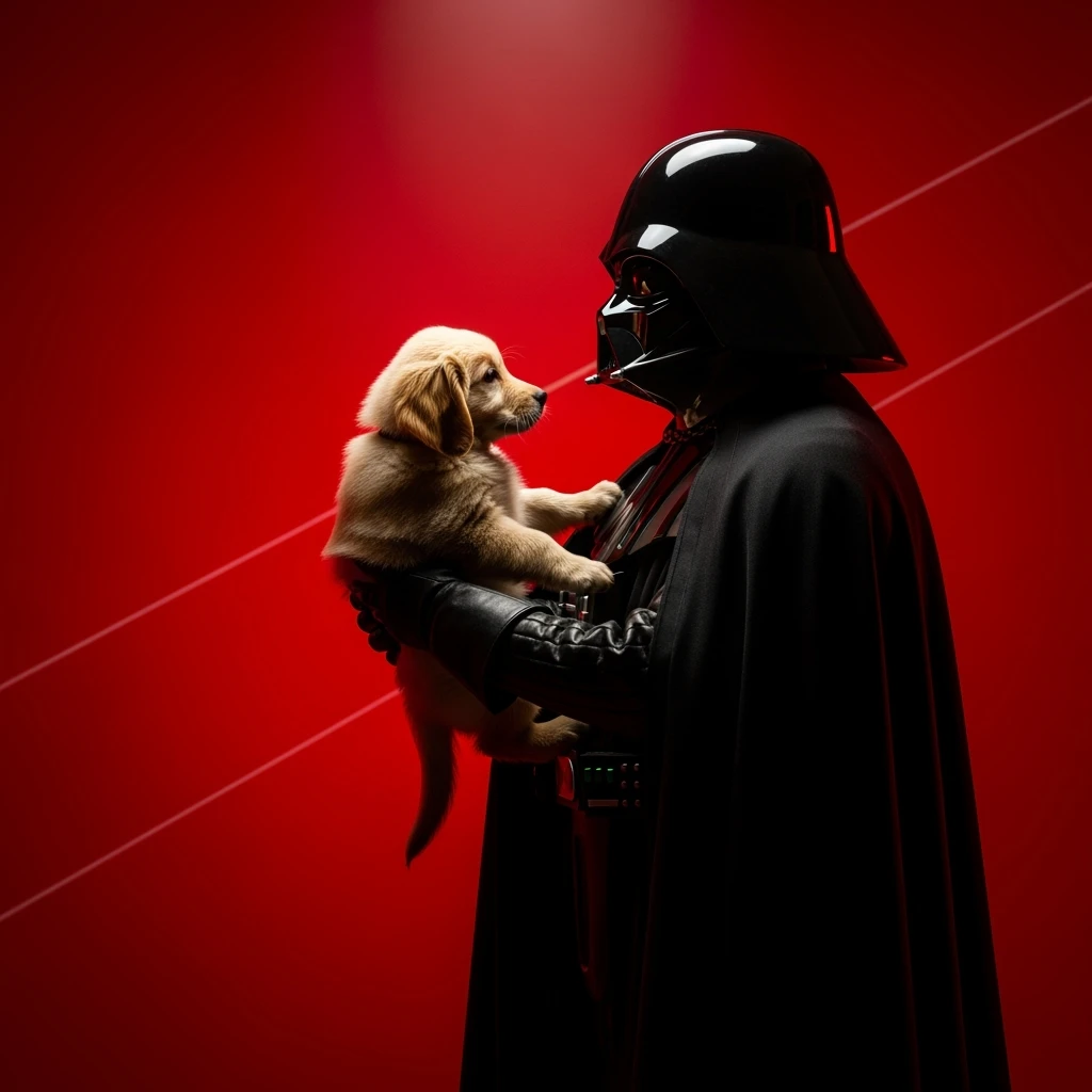 Photo of a darth vader holding puppy golden retriver, low key light, red solid background with leading lines, back light, spot light emoji
