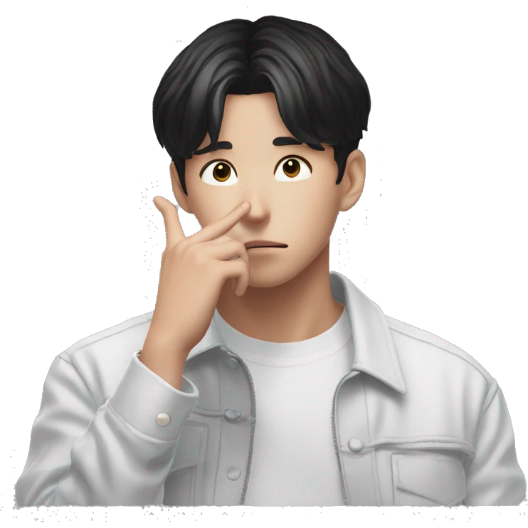 Jungkook lost in thought and holds his finger to his face emoji