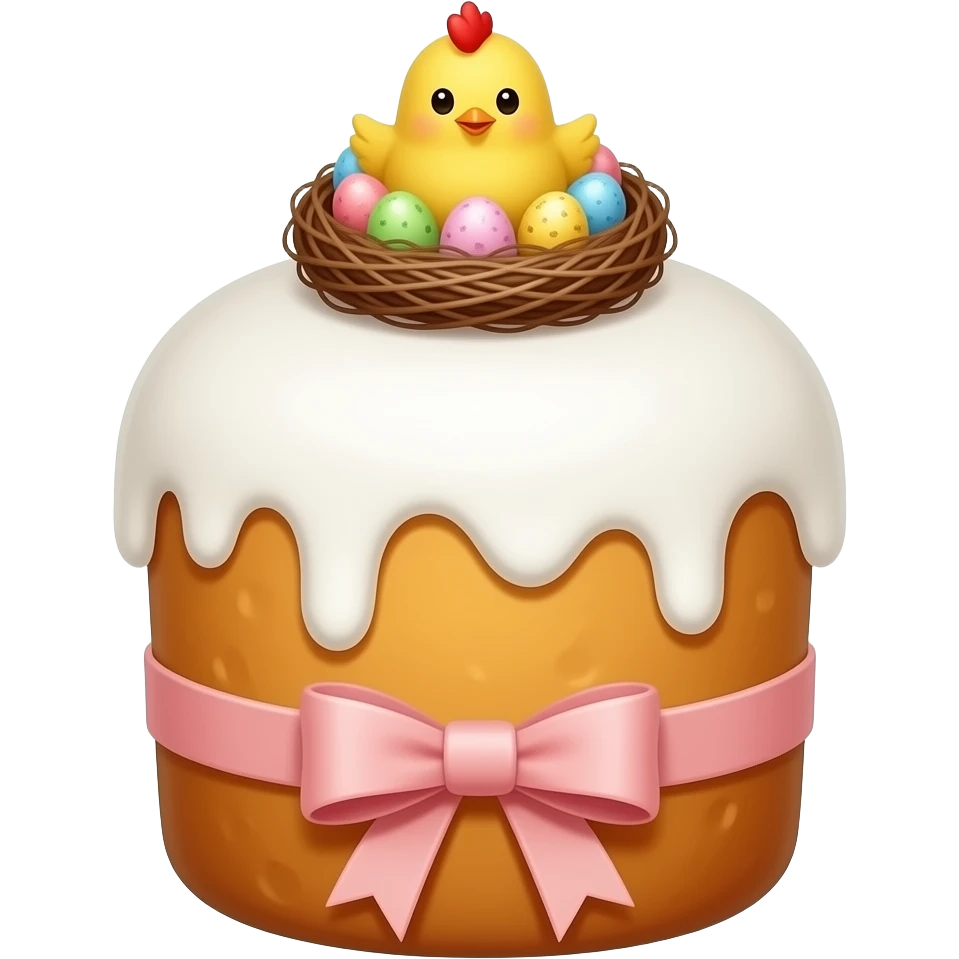 панеттоне золотистого цвета, высокий, с белой глазурью, с ленточкой вокруг светло розового цвета и украшением сверху в виде гнездышка с очень мелкими  яичками пастельных, желтым пушистым птенчиком с красным гребешком emoji