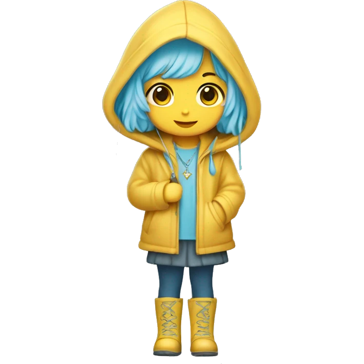 Cute little girl with light blue hair with peach skin, with yellow raincoat hooded with boots holding a staff, with a cross necklace, Sanrio design emoji